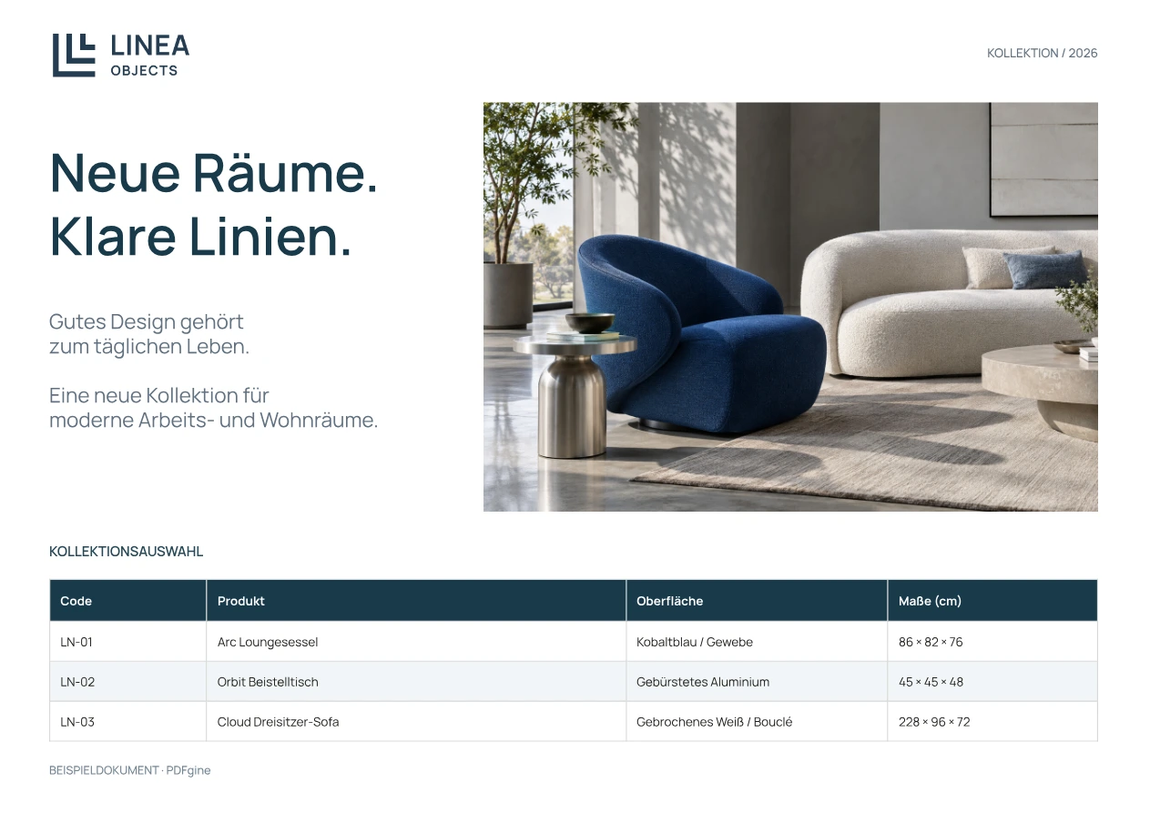 Beispiel eines Möbelkatalogs mit Produktfoto, Oberflächen und Abmessungen.