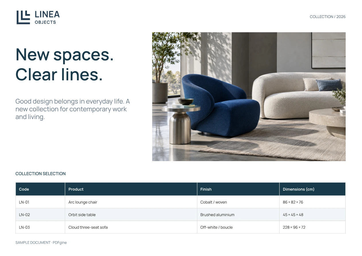 Sample furniture catalogue with a product photograph, finishes and dimensions.