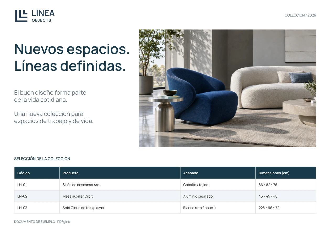 Ejemplo de catálogo de muebles con una fotografía del producto, acabados y dimensiones.