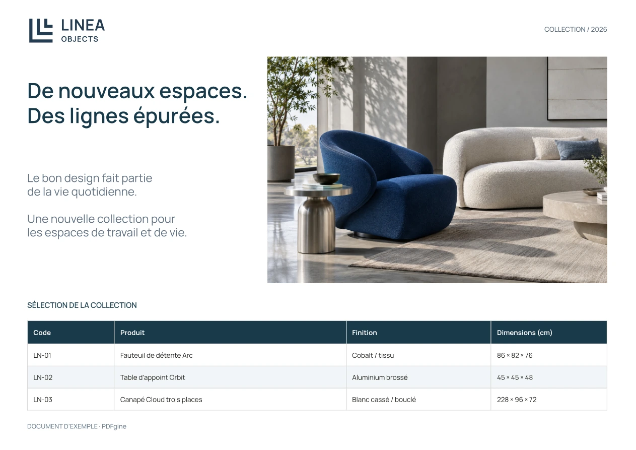 Exemple de catalogue de mobilier avec une photographie du produit, les finitions et les dimensions.