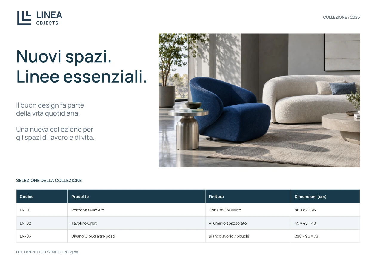 Esempio di catalogo di mobili con foto del prodotto, finiture e dimensioni.