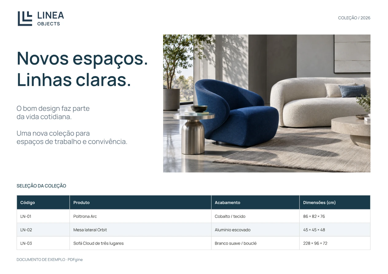 Exemplo de catálogo de móveis com fotografia do produto, acabamentos e dimensões.