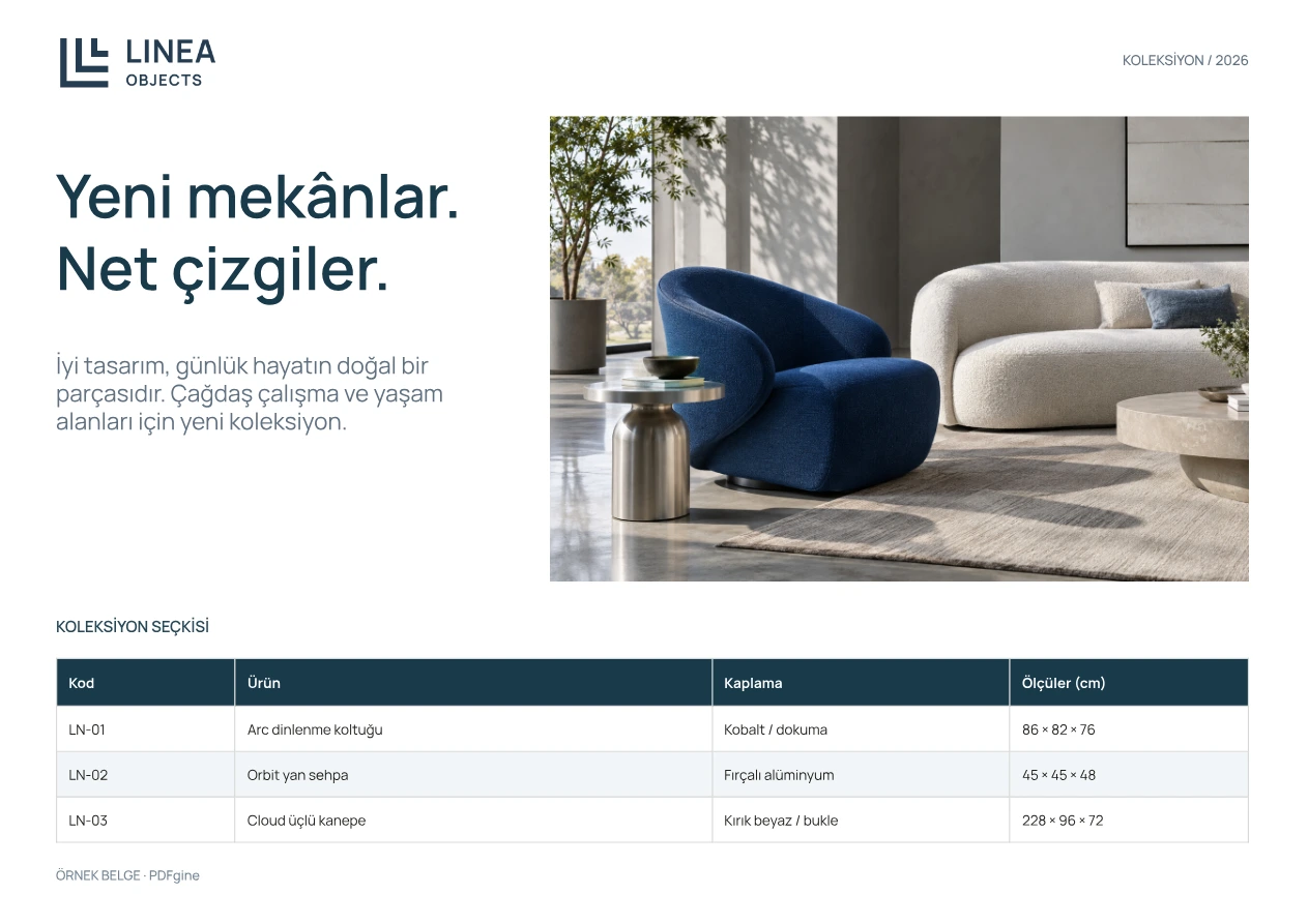 Örnek mobilya kataloğu: ürün fotoğrafı, kaplama seçenekleri ve ölçüler.