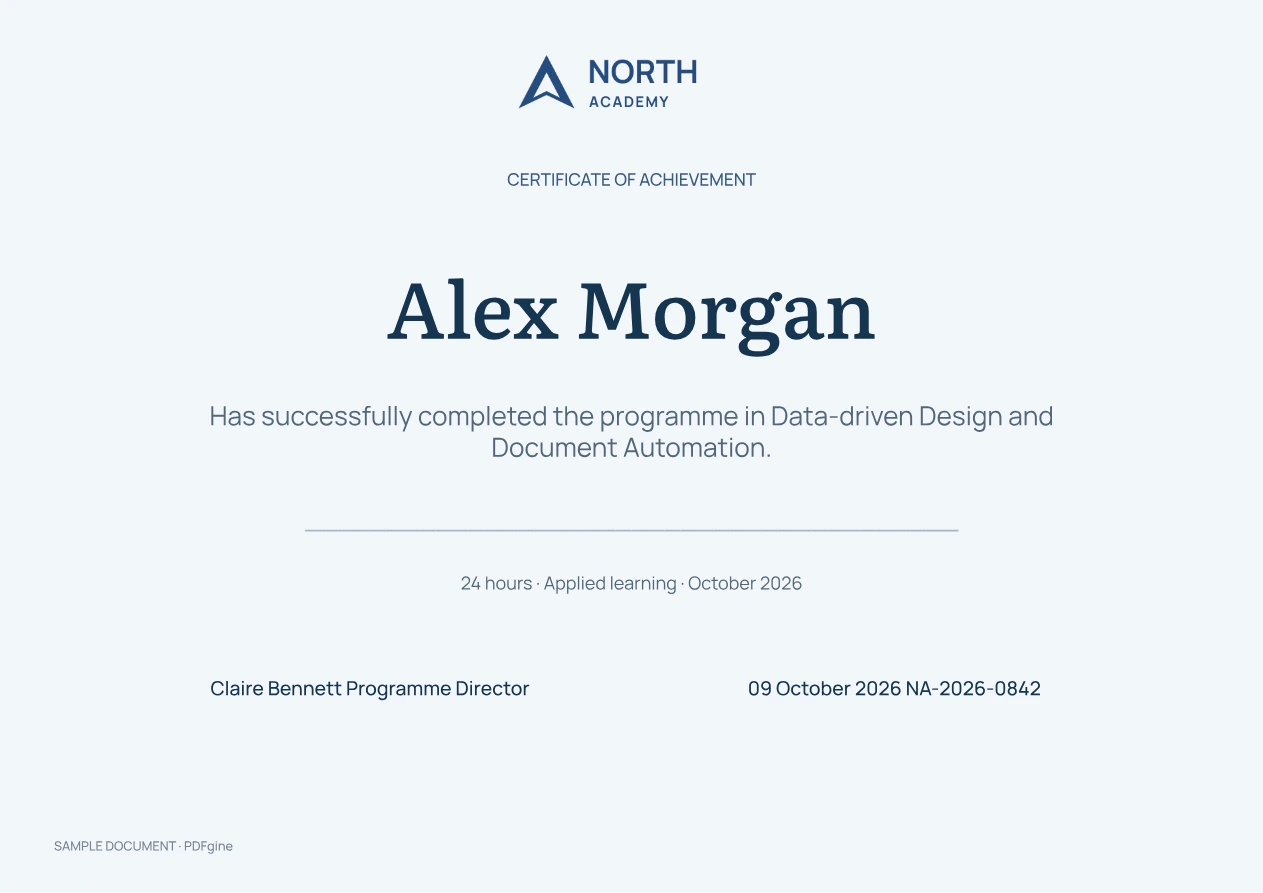 Sample training certificate with the participant, programme and completion details.