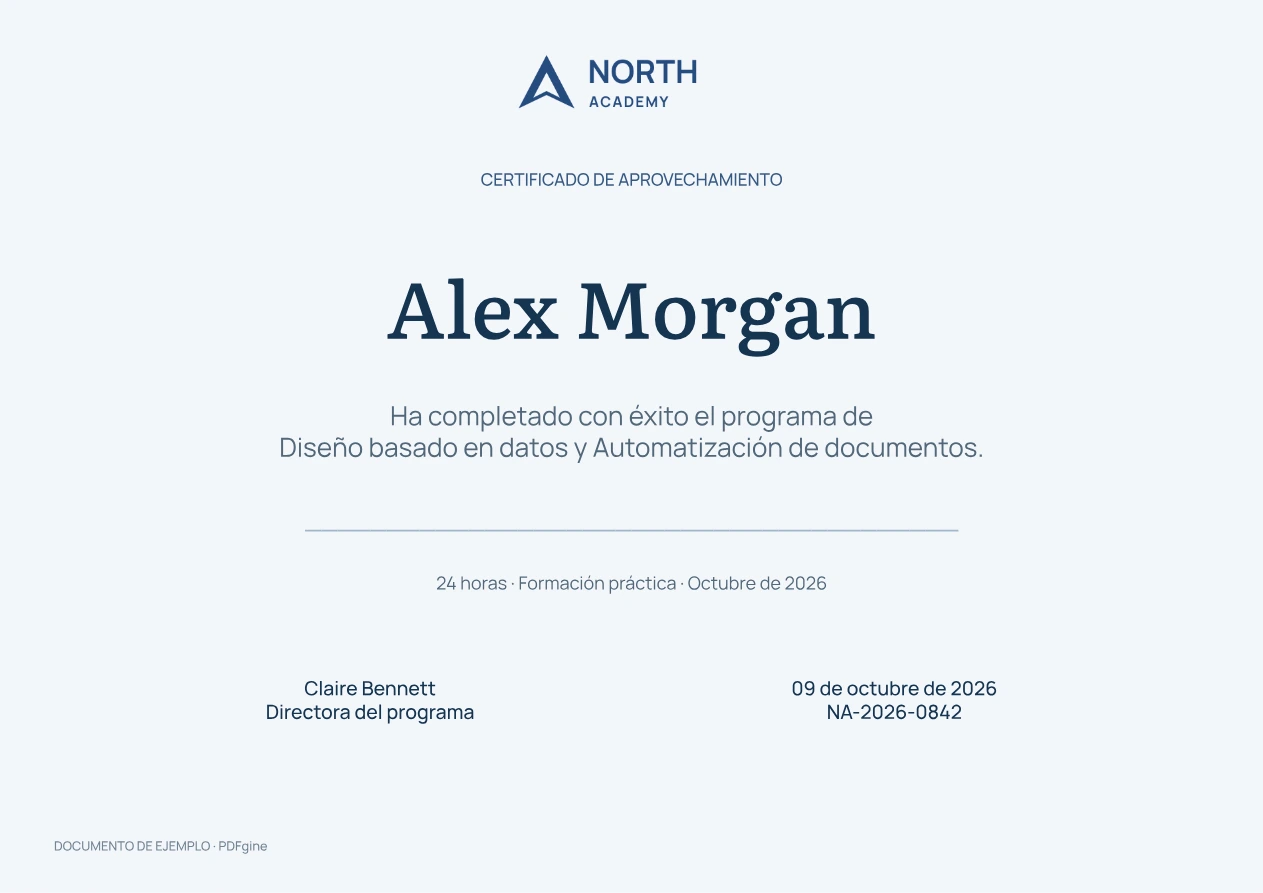 Ejemplo de certificado de formación con los datos del participante, el programa y la finalización.