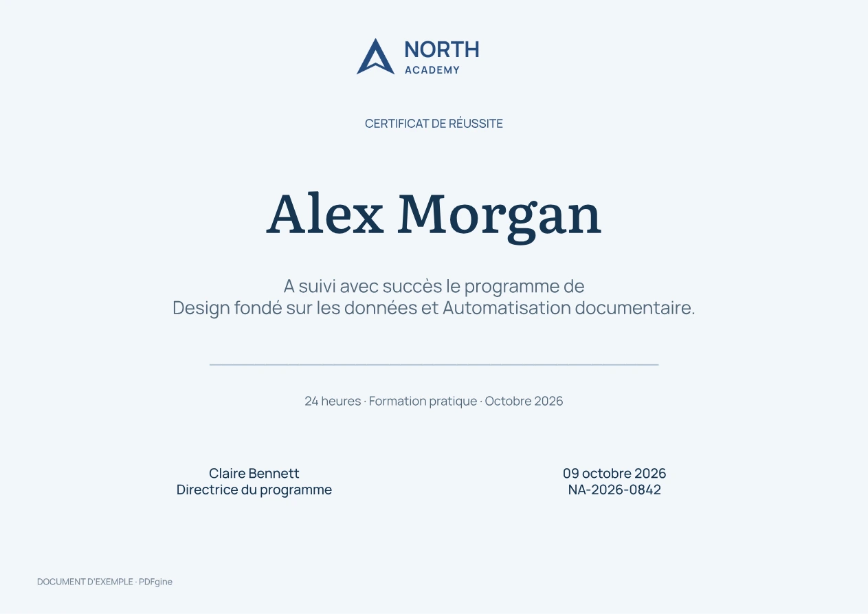 Exemple de certificat de formation avec les informations du participant, du programme et de son achèvement.