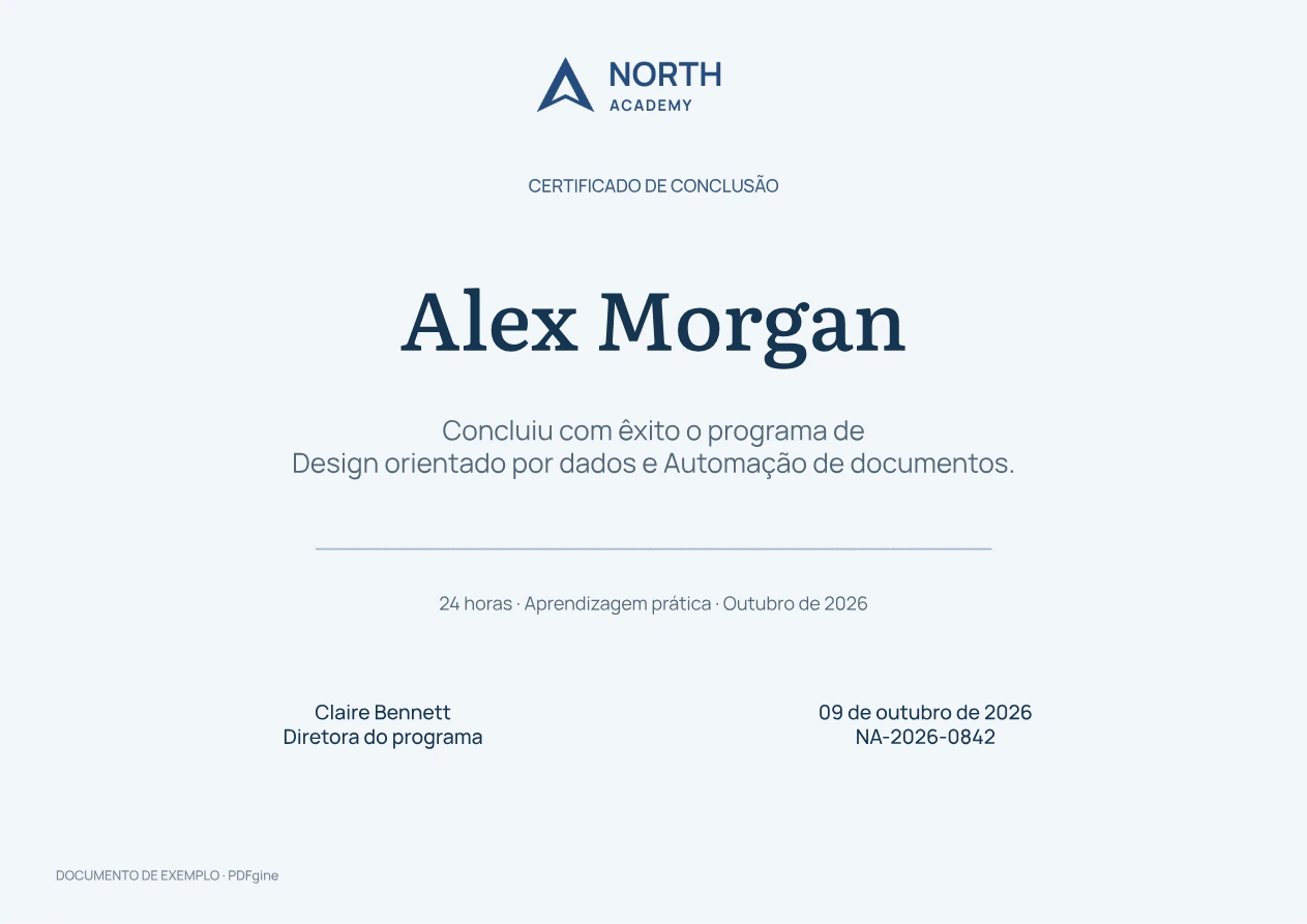 Exemplo de certificado de treinamento com dados do participante, do programa e da conclusão.