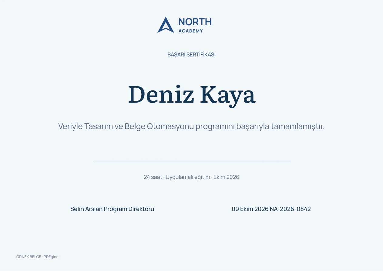 Örnek eğitim sertifikası: katılımcı, program ve tamamlanma bilgileri.