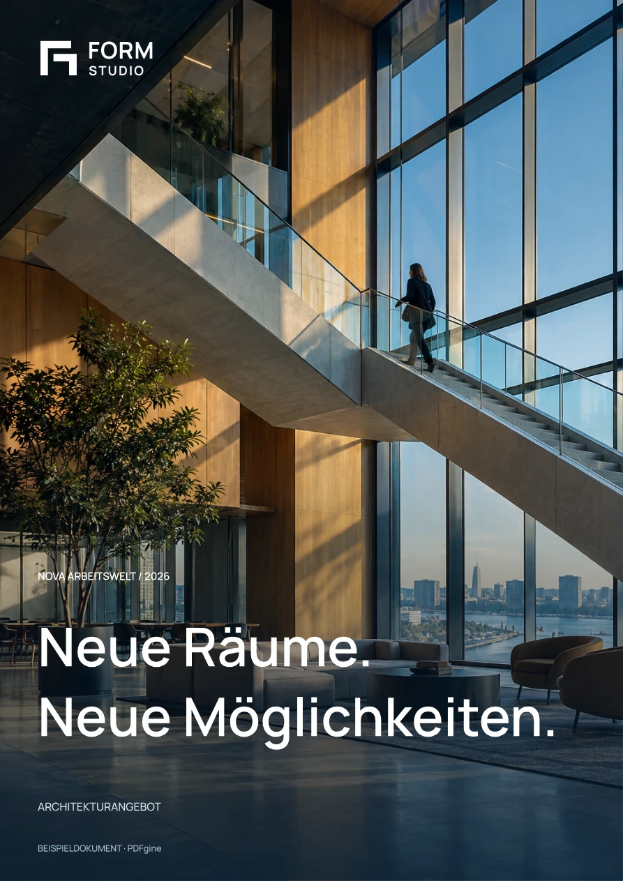 Ganzseitiges Angebotscover mit Architekturfoto: FORM Studio, Neue Räume. Neue Möglichkeiten.