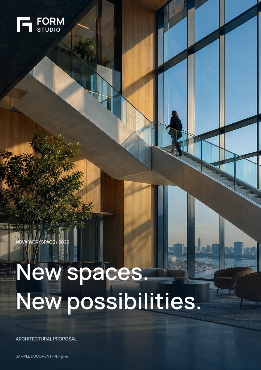 Full-page architectural photo proposal cover: FORM Studio, New spaces. New possibilities.