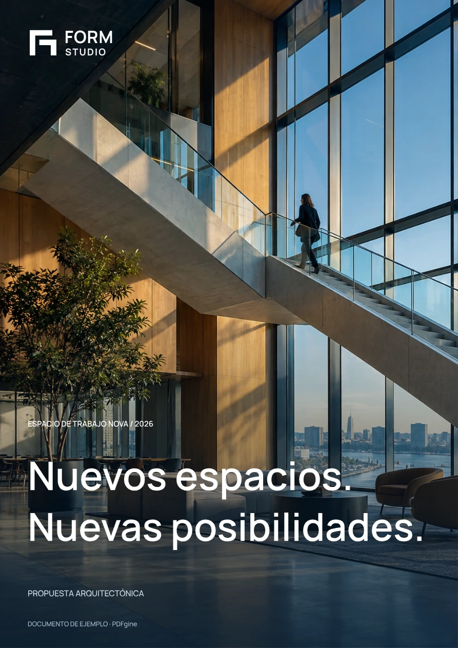 Portada de propuesta con fotografía arquitectónica a página completa: FORM Studio, Nuevos espacios. Nuevas posibilidades.
