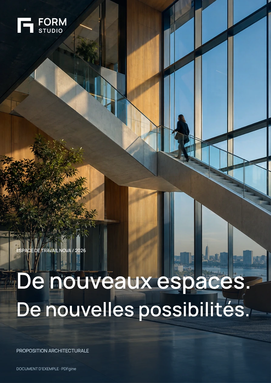 Couverture de proposition avec photo d’architecture pleine page : FORM Studio, De nouveaux espaces. De nouvelles possibilités.