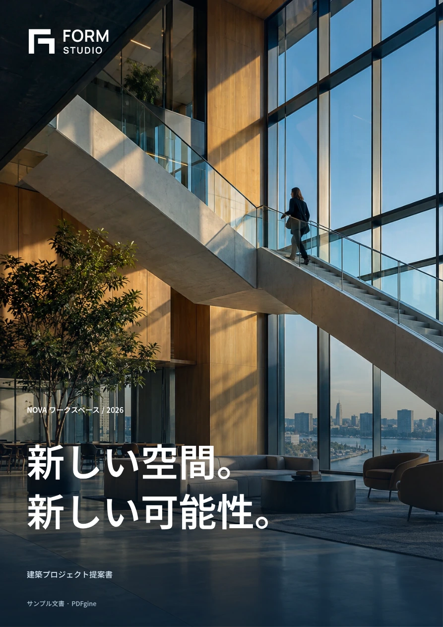建築写真を全面に配した提案書の表紙：FORM Studio、新しい空間。新しい可能性。