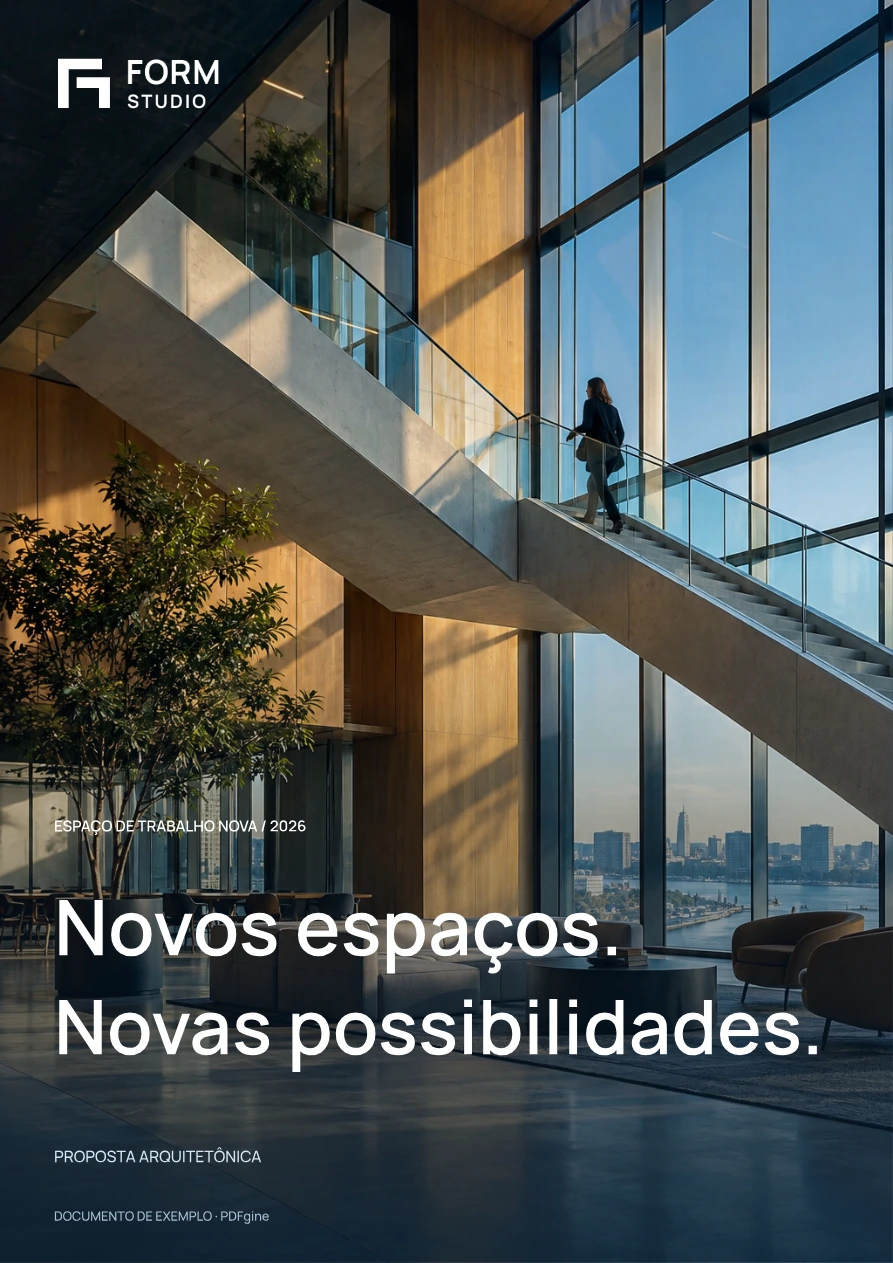 Capa de proposta com fotografia arquitetônica em página inteira: FORM Studio, Novos espaços. Novas possibilidades.