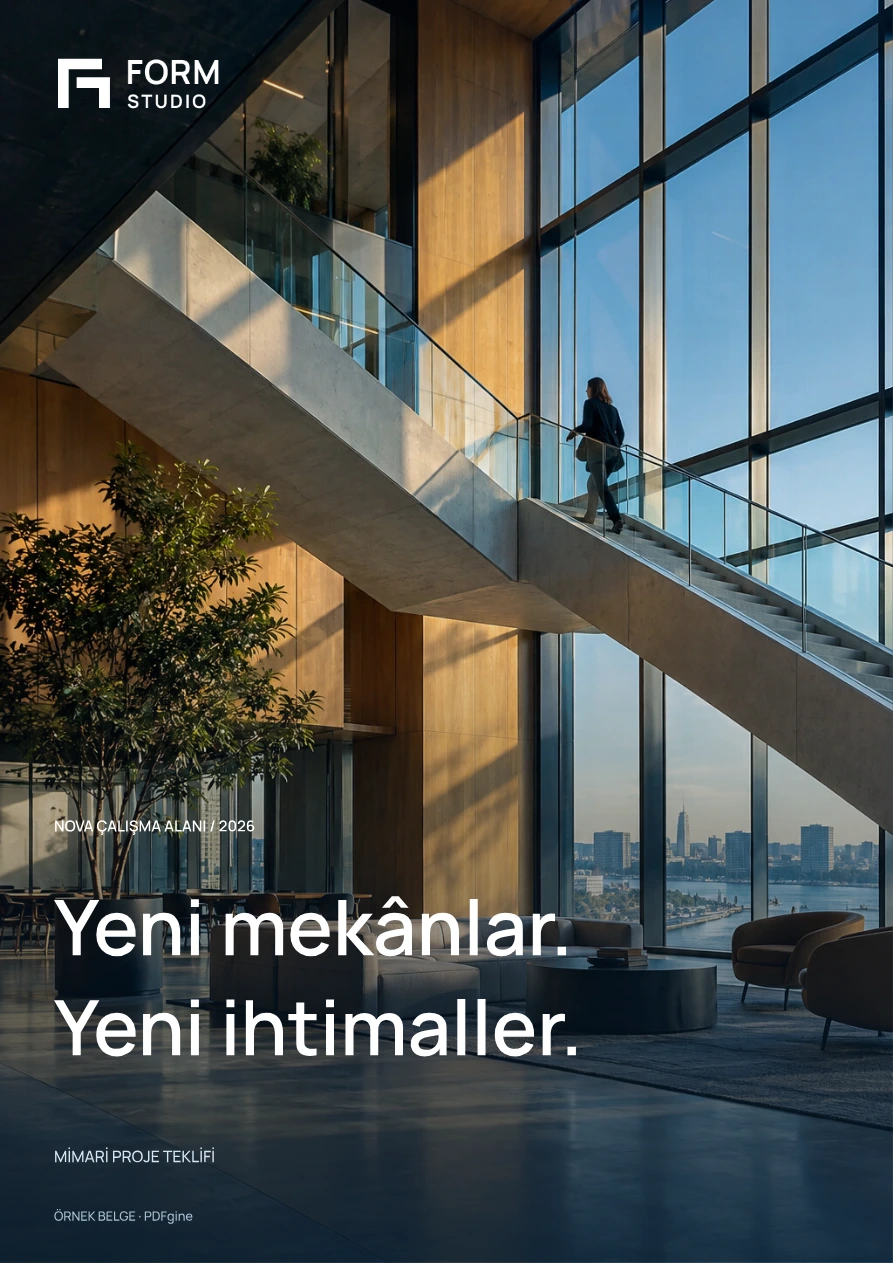 Tam sayfa mimari fotoğraflı teklif kapağı: FORM Studio, Yeni mekânlar. Yeni ihtimaller.