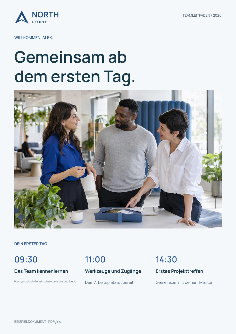 Beispiel eines Einarbeitungsleitfadens mit Teamfoto und Programm für den ersten Tag.
