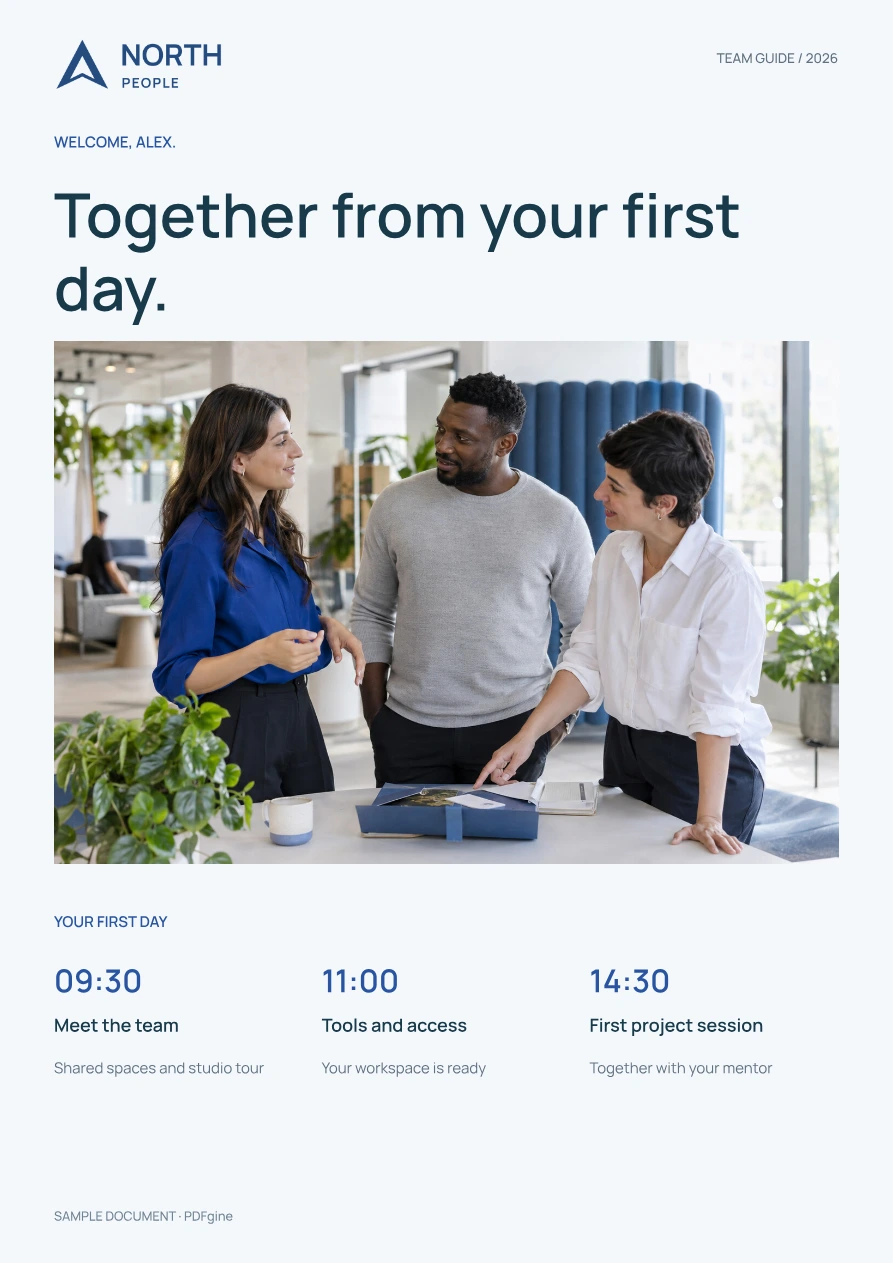 Sample onboarding guide with a team photograph and first-day programme.