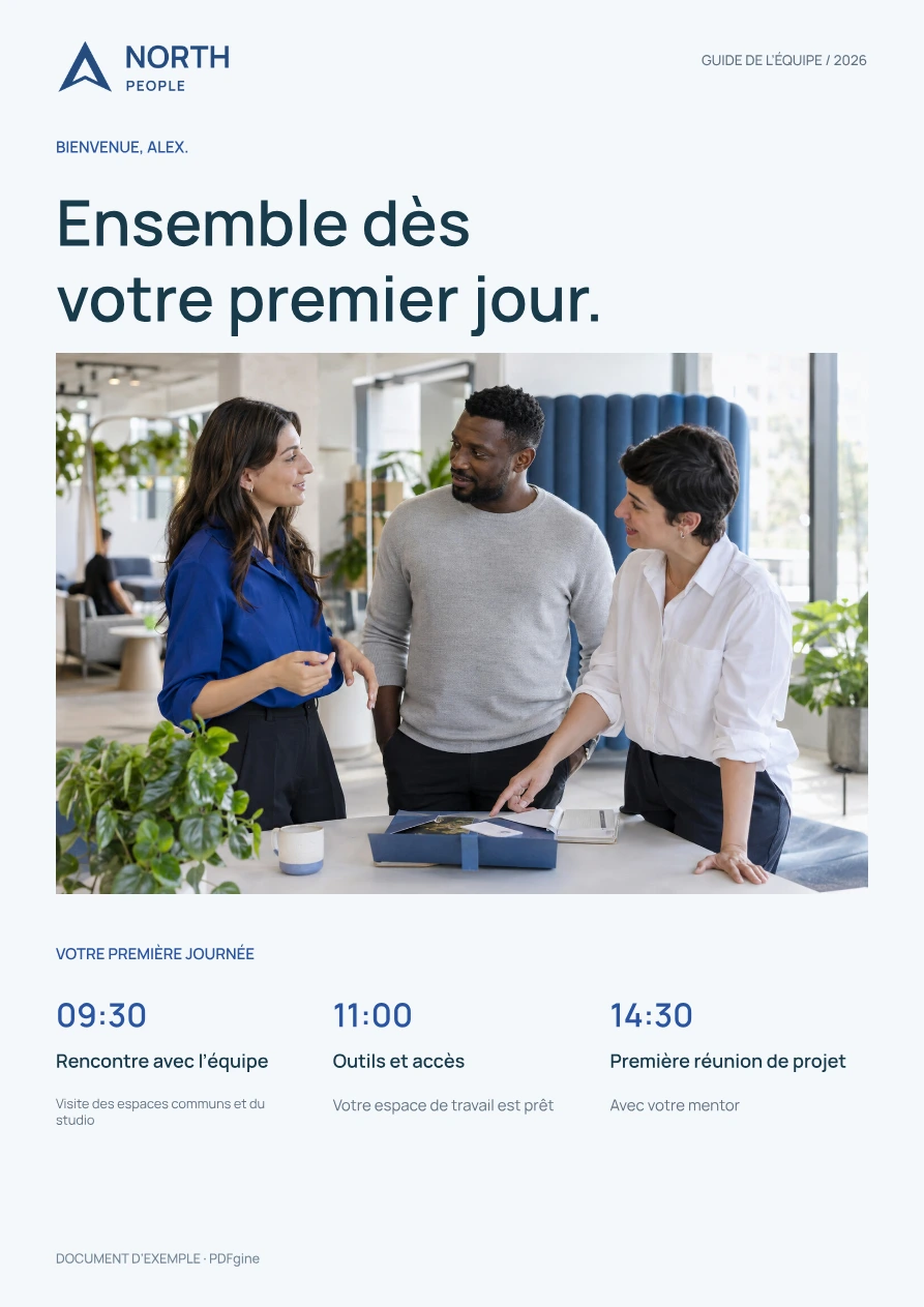 Exemple de guide d’intégration avec une photographie de l’équipe et le programme du premier jour.