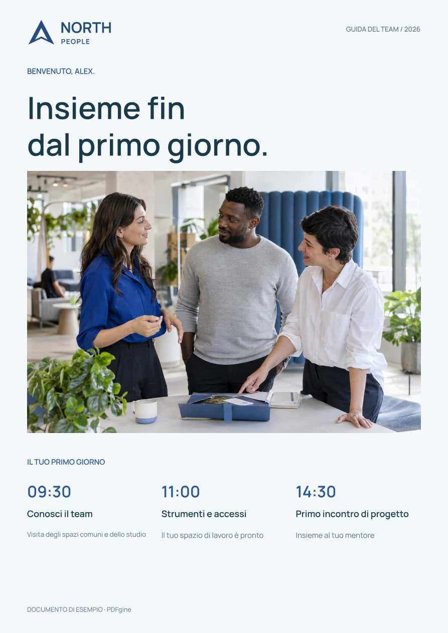 Esempio di guida di inserimento con foto del team e programma del primo giorno.