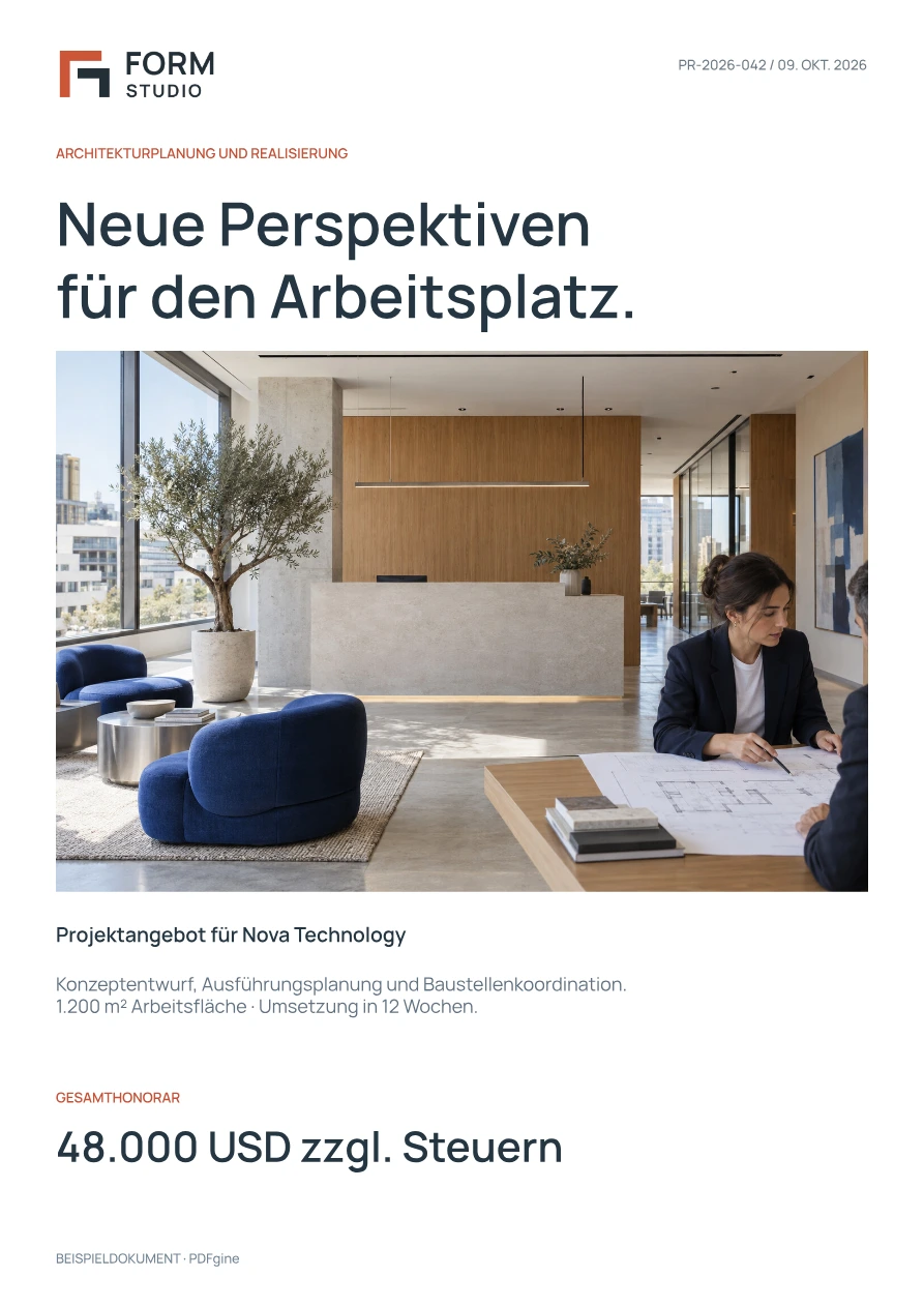 Beispiel eines Architekturangebots mit Arbeitsplatzfoto, Leistungsumfang und Honorar.