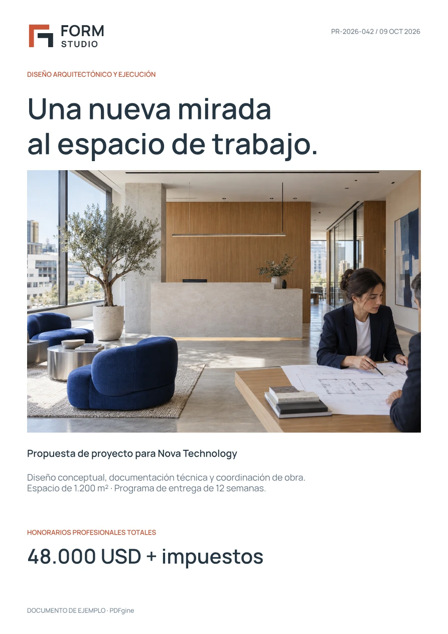 Ejemplo de propuesta arquitectónica con una fotografía del espacio de trabajo, alcance y honorarios profesionales.