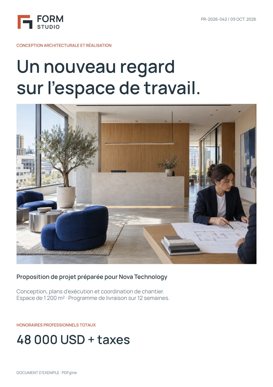 Exemple de proposition architecturale avec une photographie de l’espace de travail, le périmètre et les honoraires professionnels.