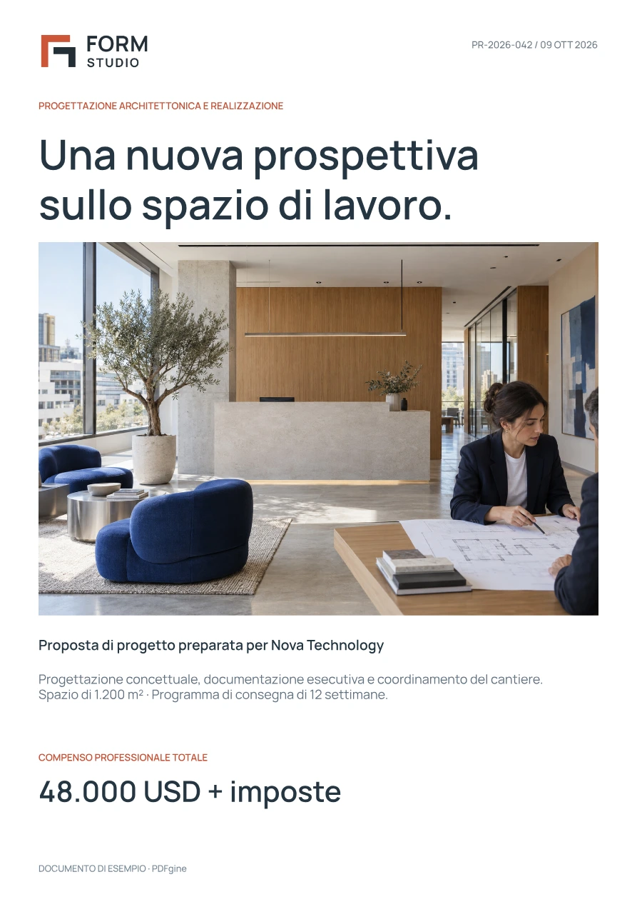 Esempio di proposta architettonica con foto dello spazio di lavoro, ambito delle attività e compenso professionale.