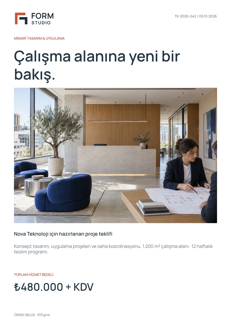 Örnek mimari proje teklifi: çalışma alanı fotoğrafı, kapsam ve hizmet bedeli.