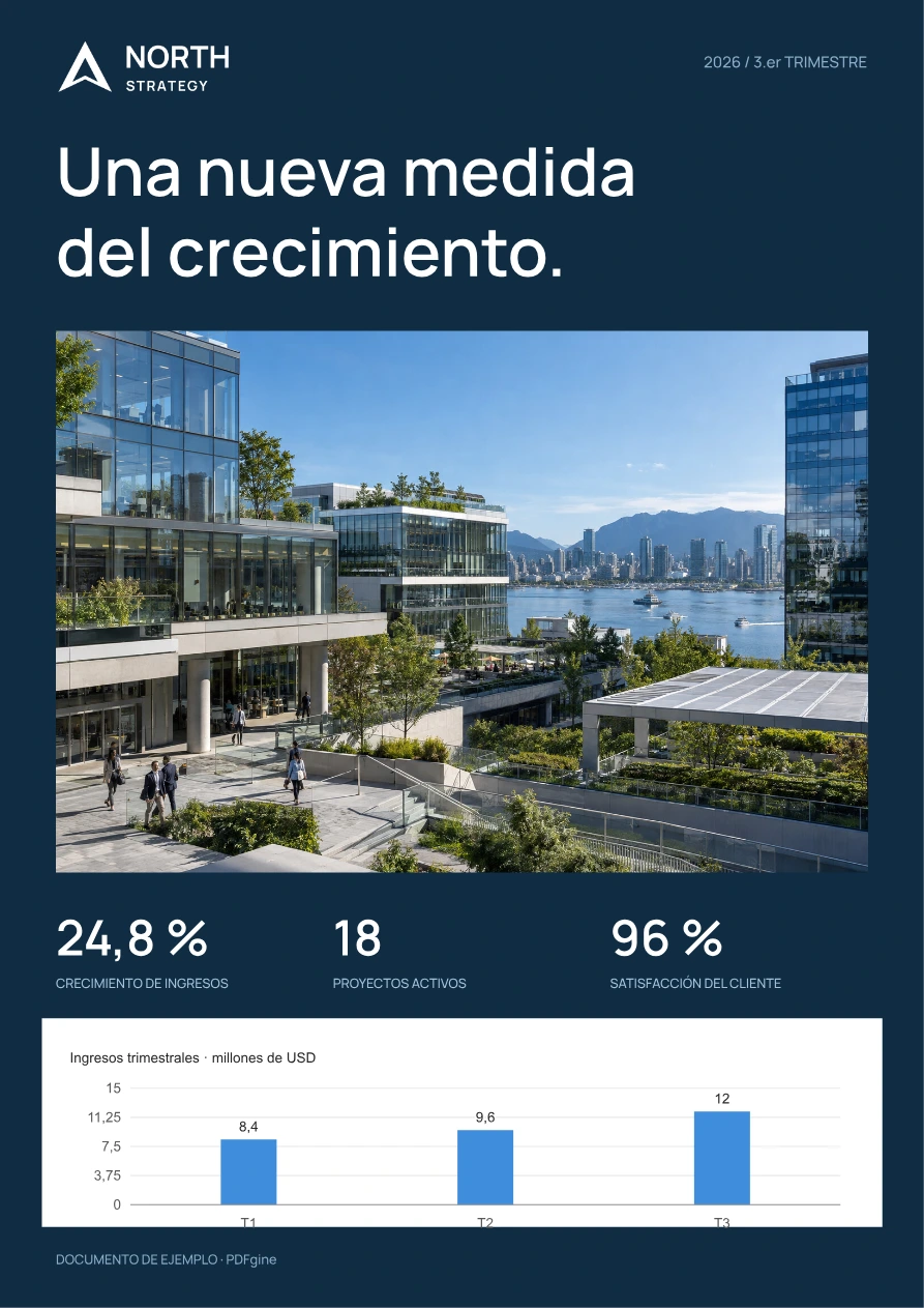 Ejemplo de informe de rendimiento con una fotografía del proyecto, métricas clave y un gráfico de ingresos.