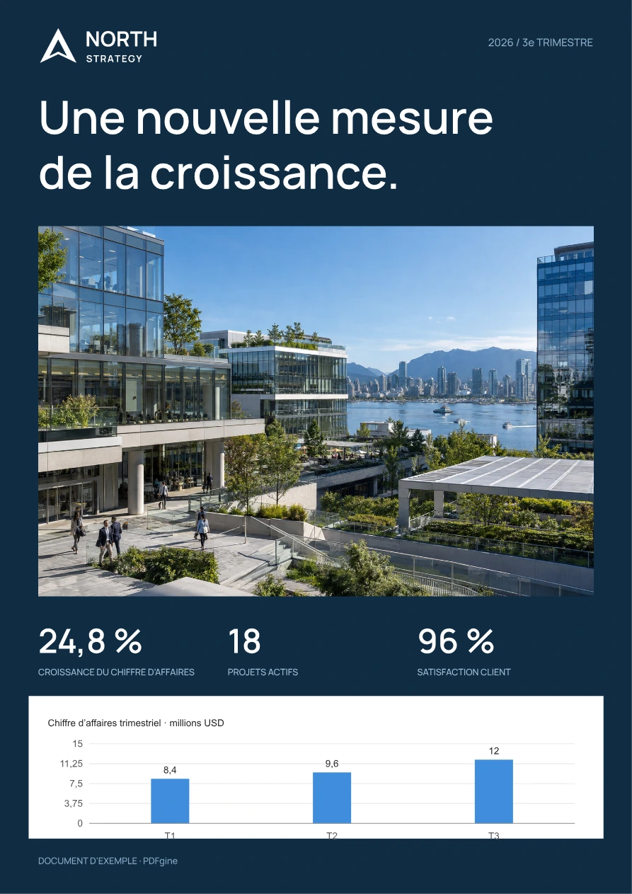 Exemple de rapport de performance avec une photographie du projet, des indicateurs clés et un graphique du chiffre d’affaires.